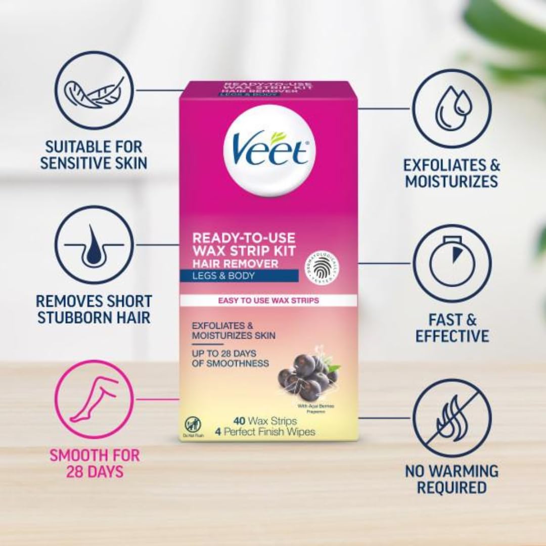 Veet Ready-to-Use Dermatologically Tested 40 Count Hair Remover Wax Strip Kit for Legs & Body (2 Pack)