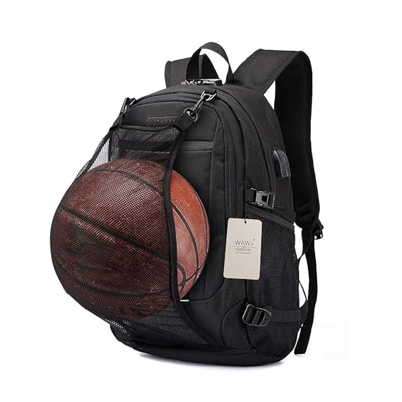 WAWJ Laptop Rucksack mit USB Ladeanschluss & Kopfhörer Jack Rucksack mit Basketball Net Wasserdichte Reise Schultasche (Schwa