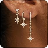 FANZE 3Pairs Star Earrings for Women,Cubic Zircon Srud Earrings Set for Multiple Piercing Hypoallergenic Lightweight Hoop Chain Earrings for Three Holes Earrings Stack Cute Trendy Jewelry