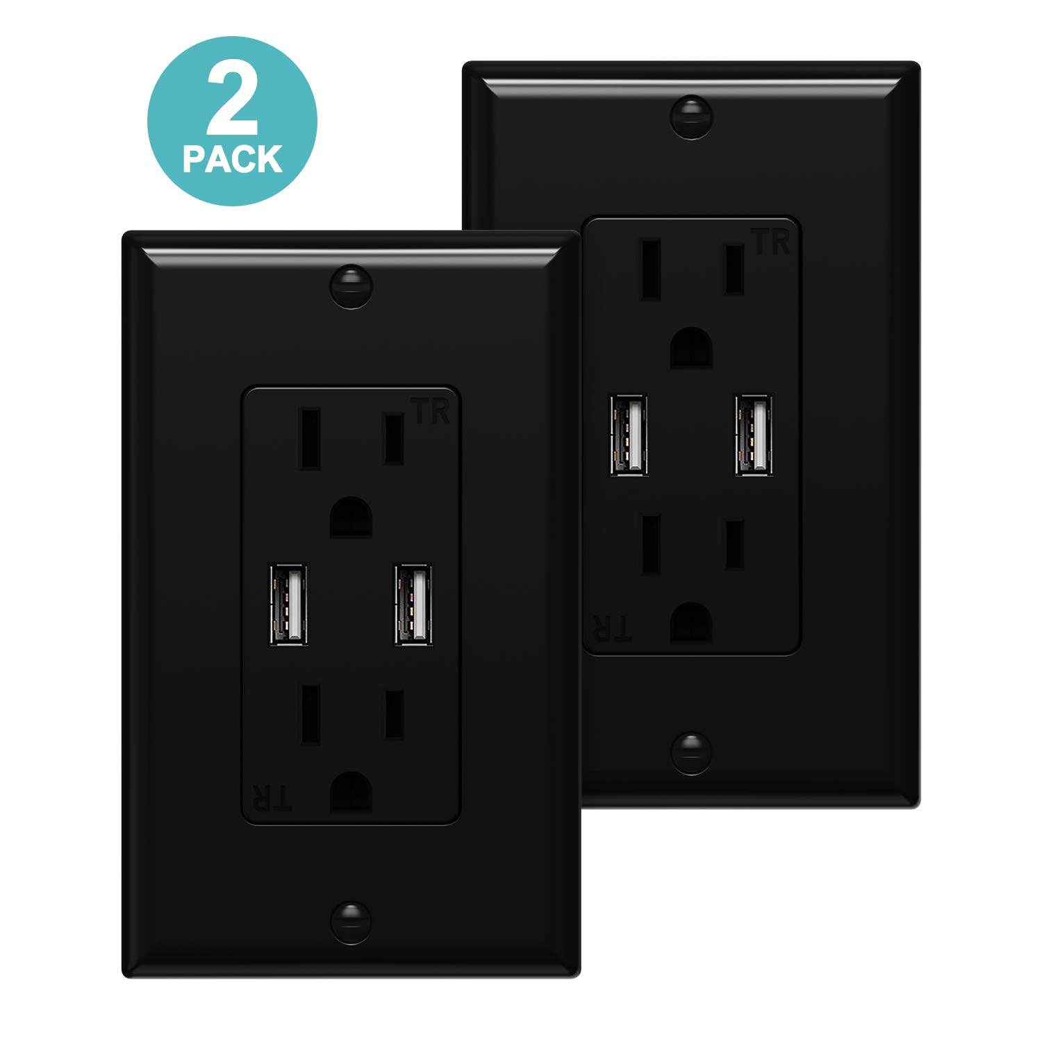 USB Wall Outlet Black 3.1A Dual Smart High Speed USB Charger Electrical Outlet 15Amp/125V