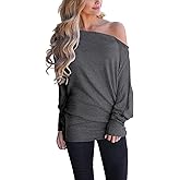 Poetsky Women's Long Sleeve Off Shoulder Tunic Tops Loose Casual Oversized Shirts Blouse