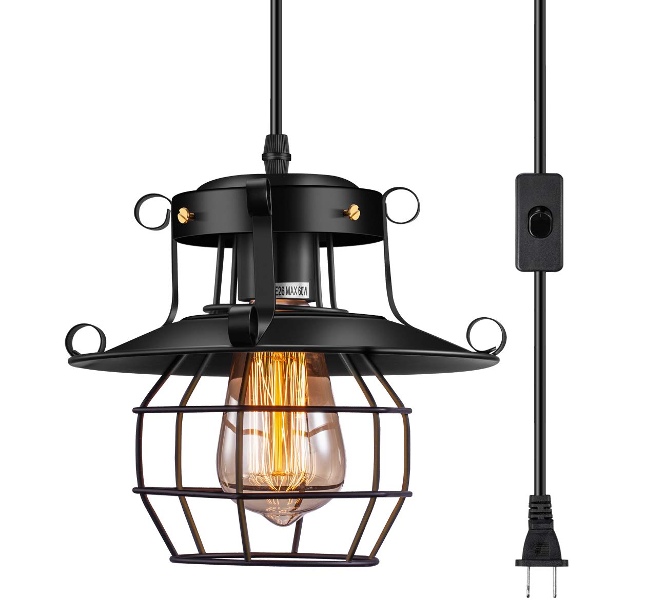 Industrial Plug In Hanging Light Elibbren E26 E27 Base Vintage Rustic Caged Style Pendant Light Plug In Light Fixture With 14 87 Plug In Cord For Kitchen Farmhouse Dining Room 1 Pack