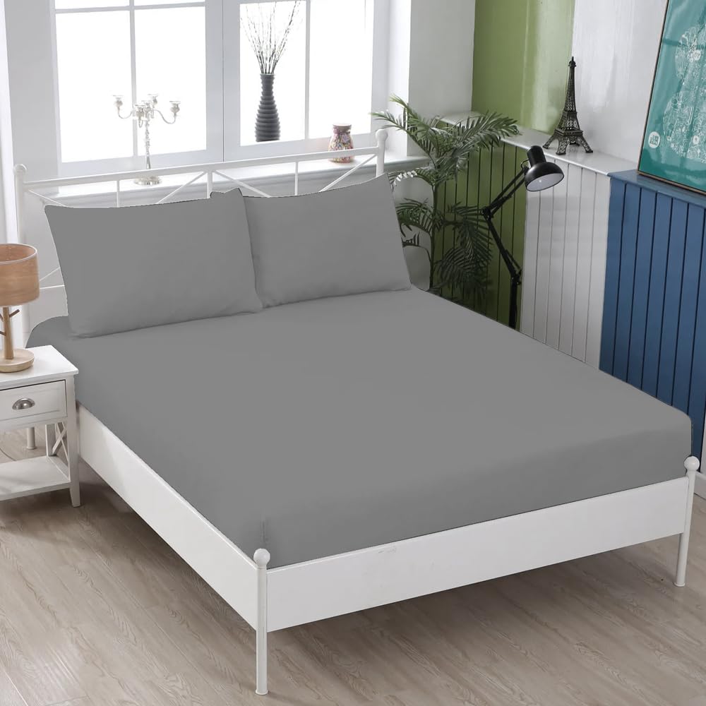 KHIM® 100% Soft Brushed Cotton Flannelette | 10Inch/25CM Deep Fitted Sheets | Double - Silver