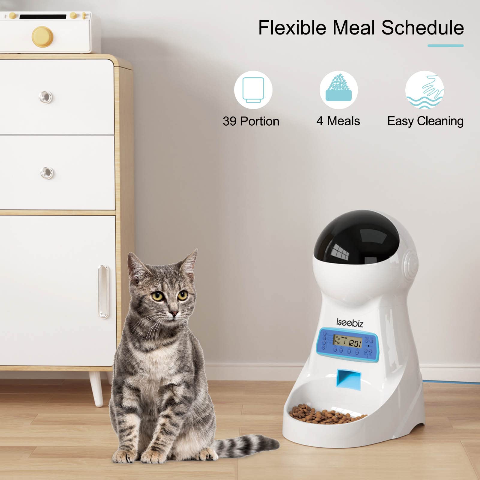 Iseebiz Automatic Cat Feeder, 101oz/3L Timed Cat Feeder for Dry Food with Anti-Clog Design, Up to 4 Meals with Portion Control, Dual Power Supply &10s Voice Recorder for Small Medium Cats Dogs - View 2