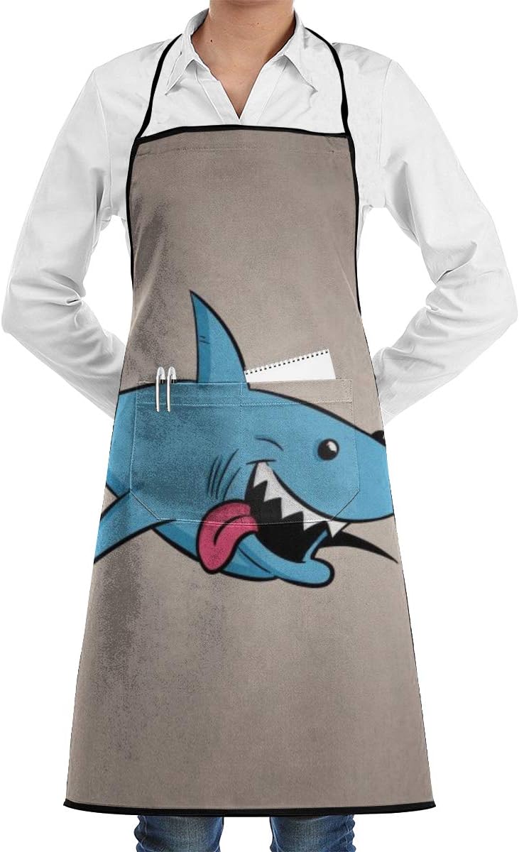 Funny Cartoon Shark Apron Lace Adult Mens Womens Chef Adjustable Polyester Long Full Black Cooking Kitchen Aprons Bib with Pockets for Restaurant Baking Crafting Gardening BBQ Grill