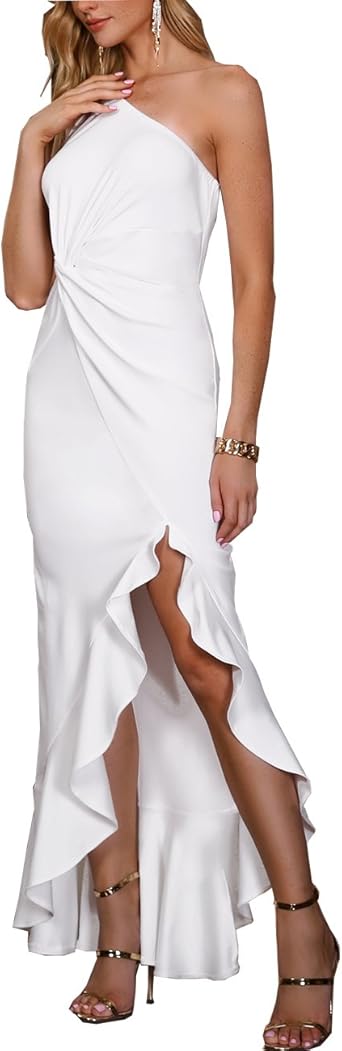 one shoulder twisted ruffles slit hem dress