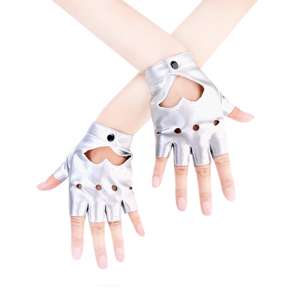 JISEN Women Punk Half Finger PU Leather Performance Gloves A-Silver