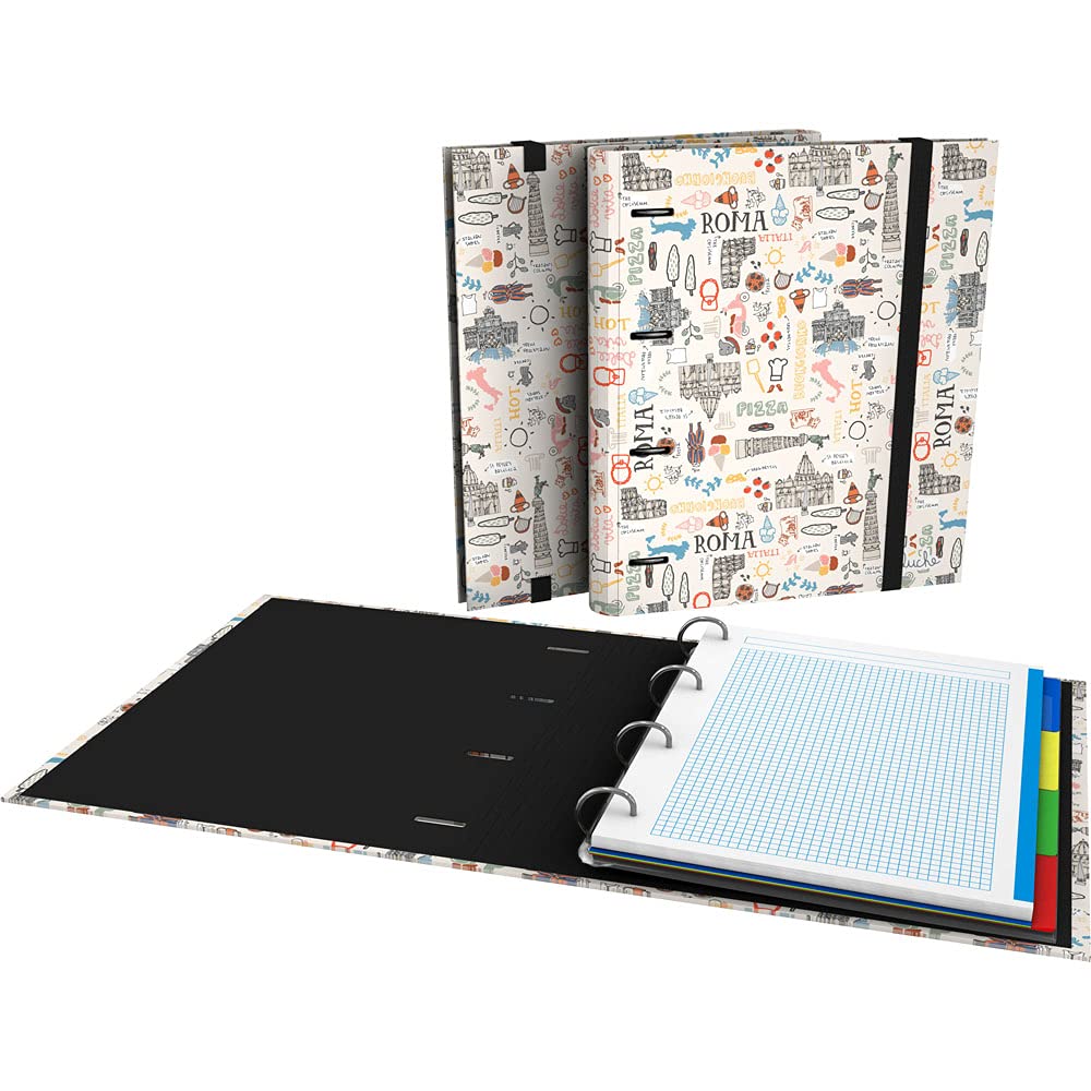 Grafoplás 88102626 A4 Folder with Die-Cut Rings, A4, Refill Square Sheets, 5 x 5, Dividers, Transparent Envelope, Curved Spine, Carpebook, Epluche Collection, Rome