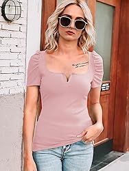 Valphsio Womens Puff Short Sleeve Top Square Neck