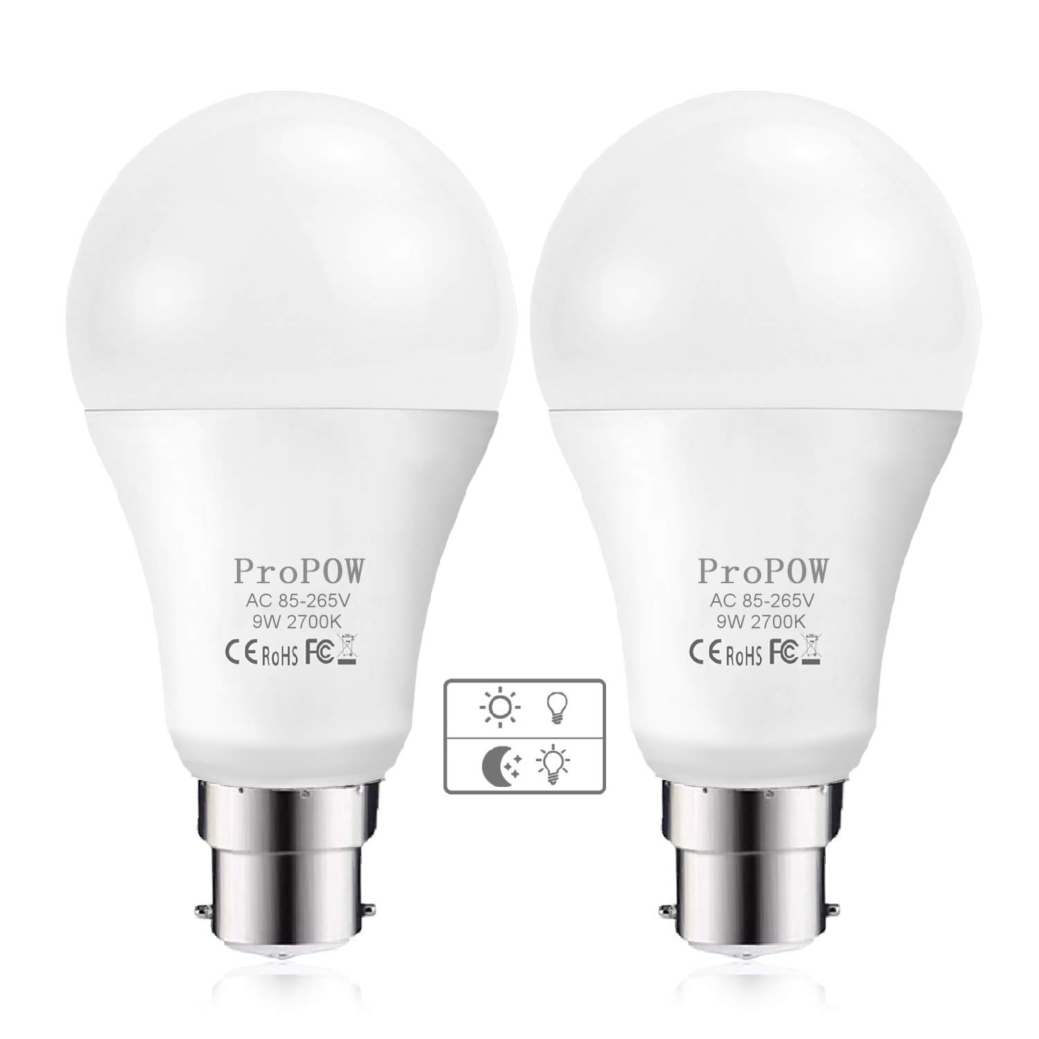 ProPOW Dusk to Dawn Light Bulb, 9W (60 Watt Equivalent) A19 LED Light Sensor Bulbs, Smart Automatic on/Off,Indoor/Outdoor Lighting Bulb for Porch Garage Hallway Patio (Soft White, B22, 2 Pack)