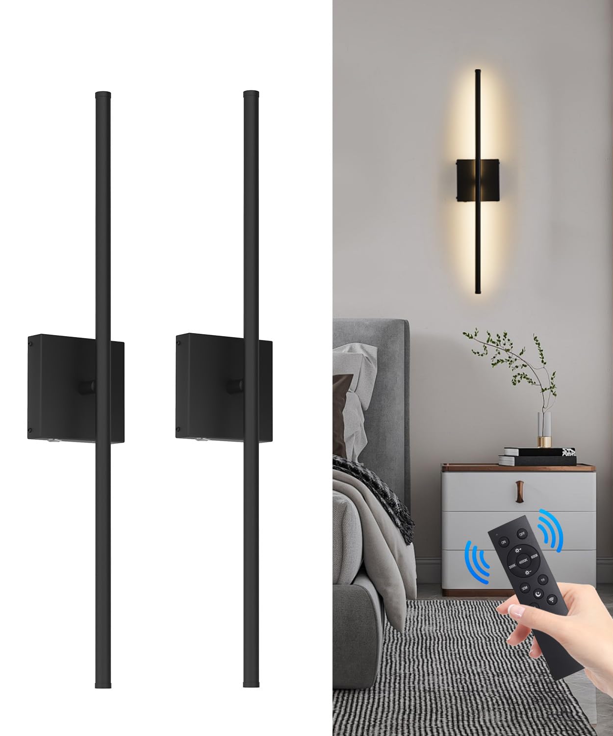 Photo 1 of ***1 IS FUNCTIONAL/ OTHER IS FOR PARTS **** CASGAL Battery Operated Wall Sconce Set of 2, Dimmable Battery Wall Sconce with Remote Control,3000K-6500K LED Wireless Wall Light for Bedroom,Living Room, 26.6 Inch, Black(2 Pack)