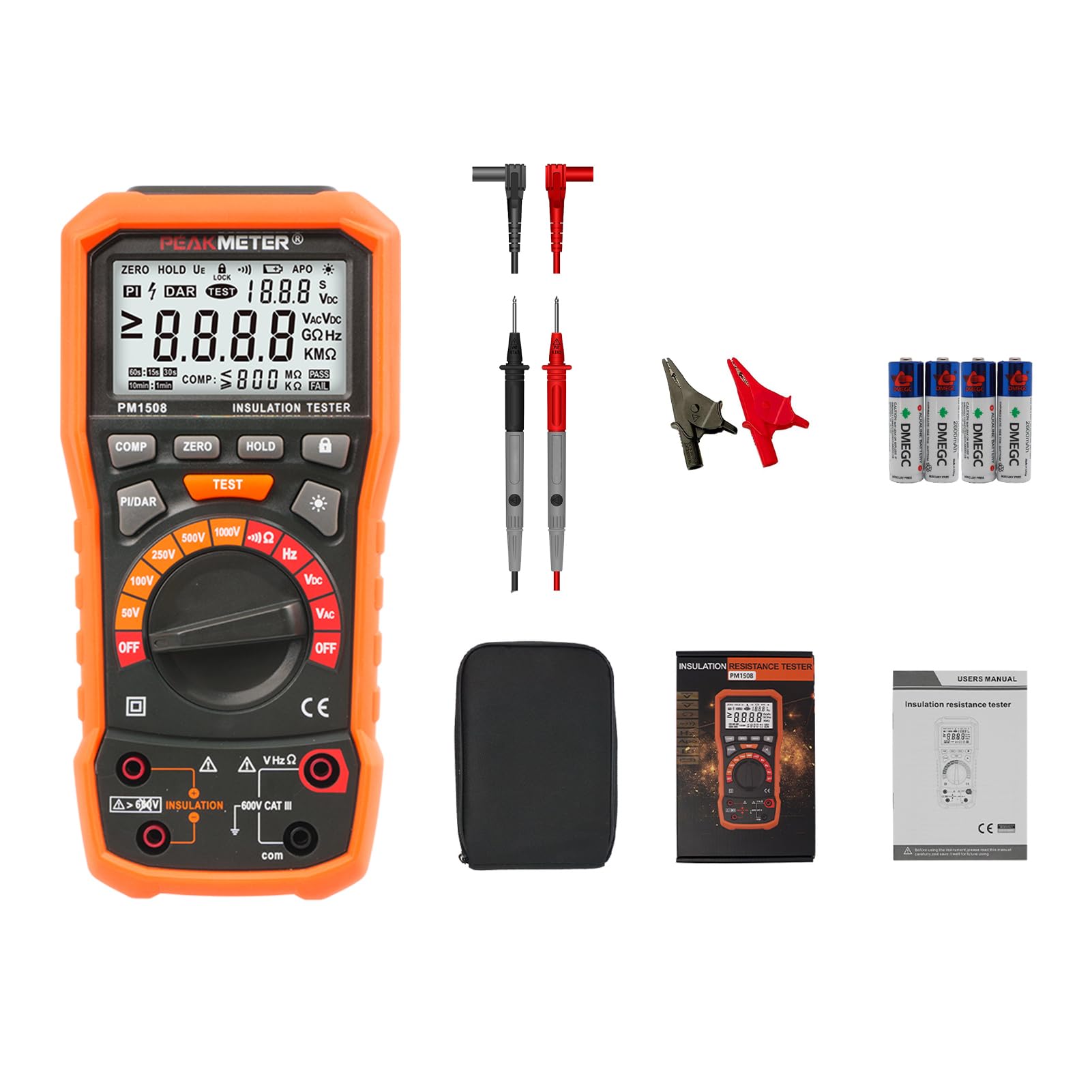 Digital Megohmmeter Insulation Resistance Tester 1000V AC/DC for Electrical Equipment and Insulating Resistance Up to 100GΩ with PI/DAR, Frequency and Low Voltage Test