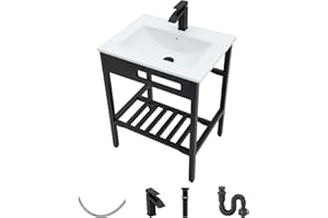 Ceramic Console Sink- Kichae 24"x 18" inch Bathroom Console Sink Drop In Bathroom Sink Holder with Stainless Pedestal Ledge Vessel Sink Art Basin