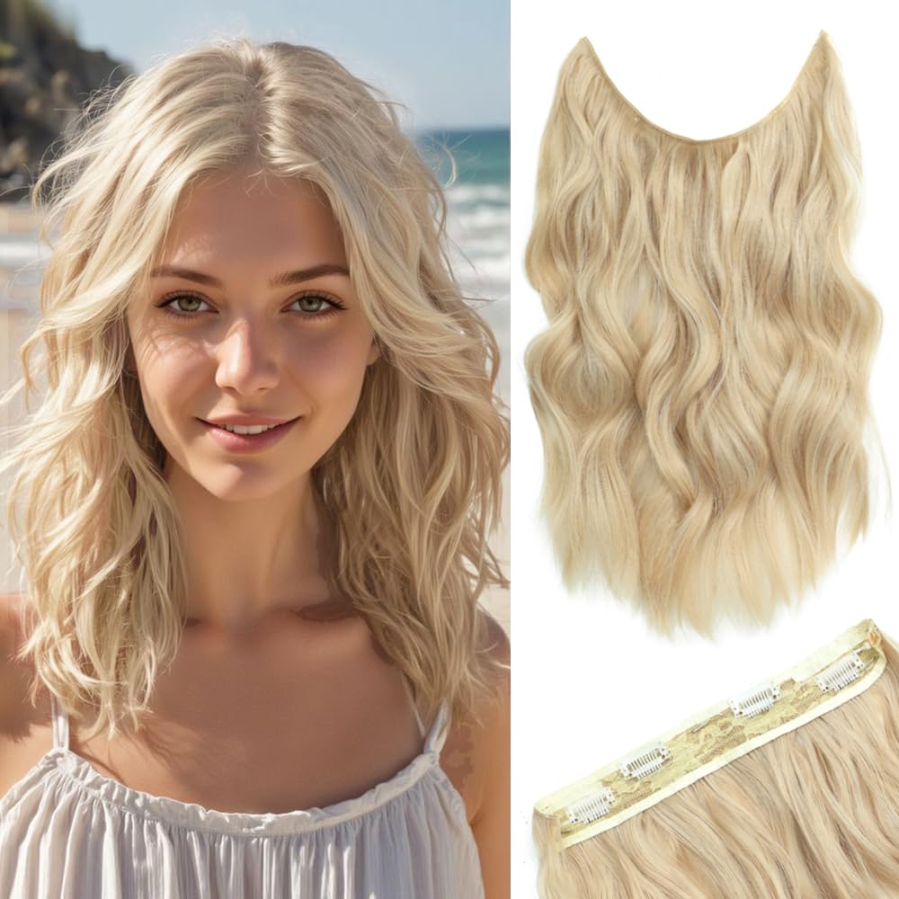 Secret Hair Extensions 12 Inch Bleach Blonde Hairextensions Invisible Wire Hhair Extensions Synthetic Hairpieces for Women Natural Wavy Hairextension (Bleach blonde) — image 1