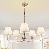 Farmhouse Chandelier, Gold Modern Dining Room Light Fixture with White Fabric Shade, 5-Light Height Adjustable Industrial Pen