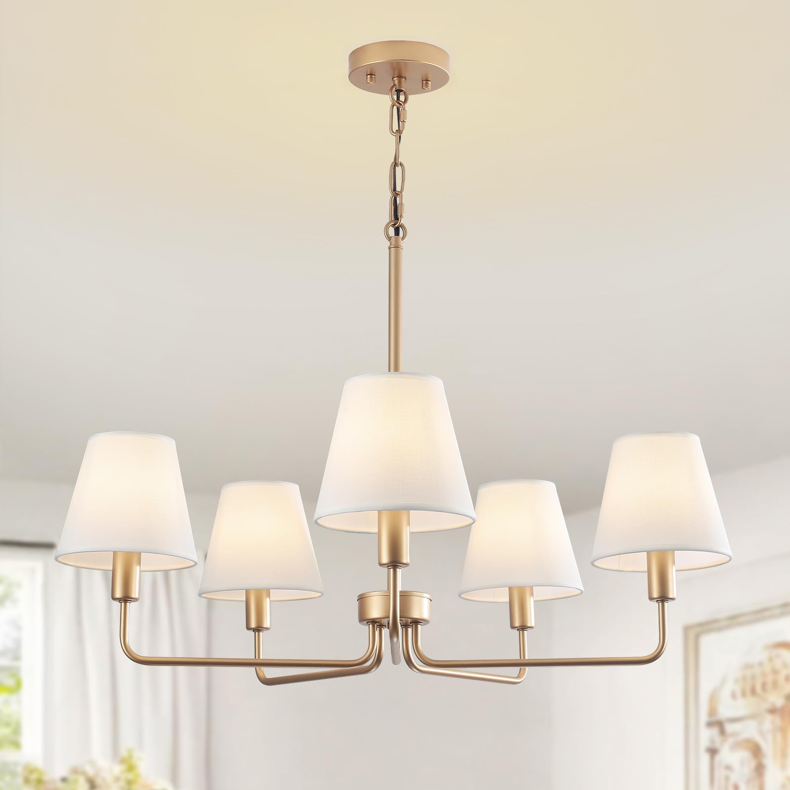 Photo 1 of Farmhouse Chandelier, Gold Modern Dining Room Light Fixture with White Fabric Shade, 5-Light Height Adjustable Industrial Pendant Island Light Fixture for Foyer Entryway Hallway Kitchen Bedroom