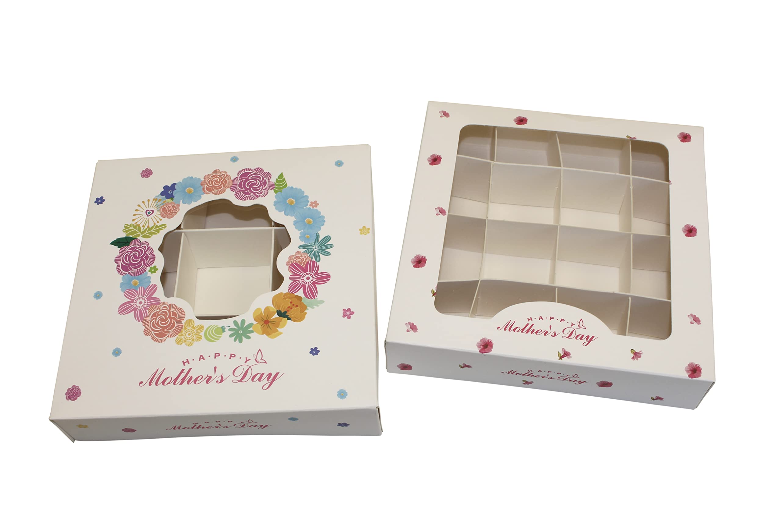 Empty Sweet Boxes Mothers Day Design with Inserts - Pick and Mix Chocolate Truffles Boxes (10 Pack) (Multi-Colour Floral Mothers Day Design - 9 Grid Inserts)