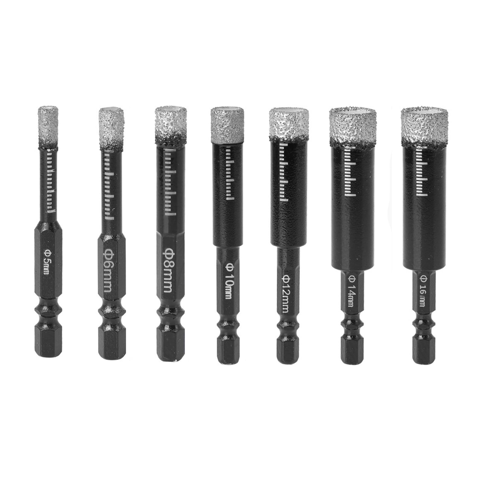 Funnytek 7 Count Diamond Tile Drill Bit Set, 7 Sizes (5, 6, 8, 10, 12, 14, 16 mm), Hex Shank, Ideal for Ceramic, Granite, Porcelain Tiles