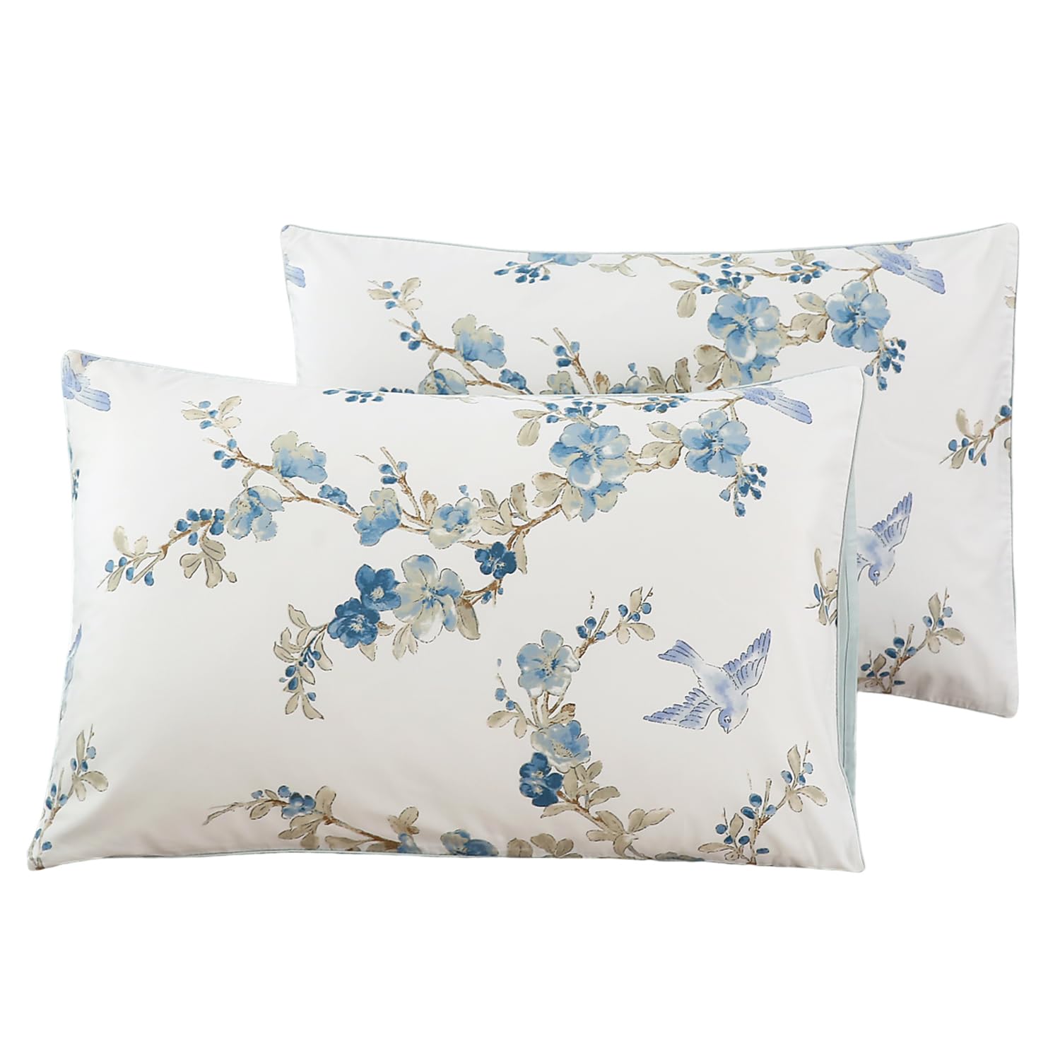 Photo 1 of WINLIFE 100% Cotton Pillowcases Queen Size Blue Floral & Birds Printed Pillow Cover 2 Pack, Super Soft Envelope Closure Queen Pillow Case Set (Queen, 20"x30")