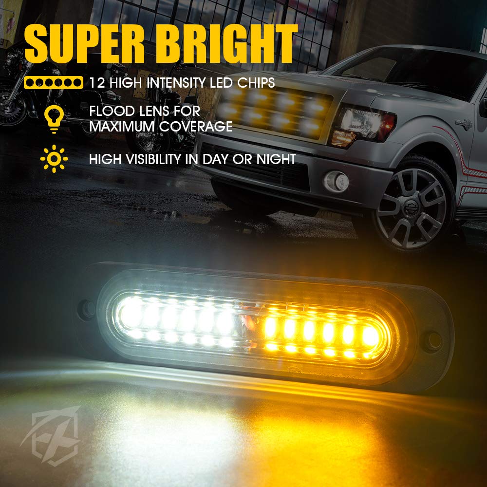 Xprite LED Surface Mount Strobe Lights Kit, White Amber Grill Grille Emergency Warning Flashing Marker Light Warning Light Assemblies for Trucks Vehicles ATV RV Cars Van - 8PCS
