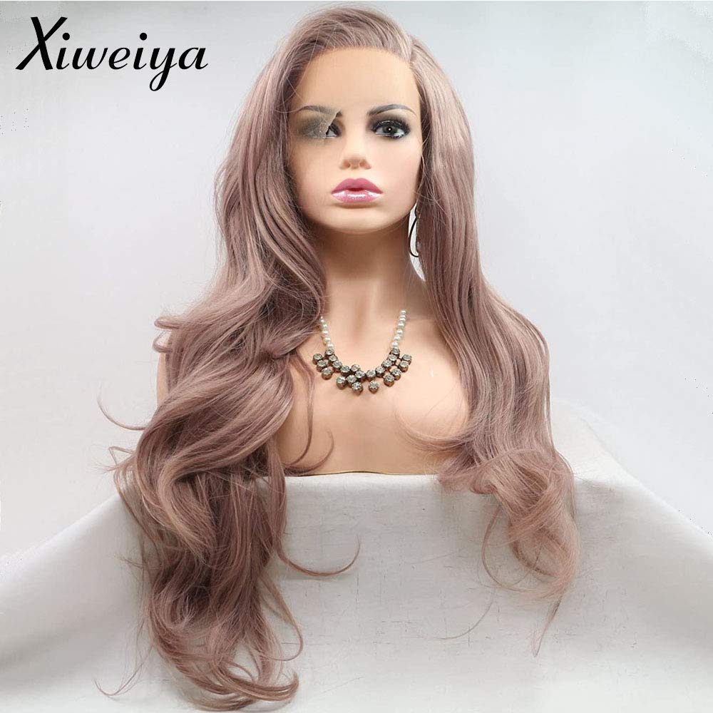 Xiweiya Wigs Long Body Wave Wig Mixed Ash Pink Color Synthetic Lace Front Wig Side Part Hair Heat Resistant Fiber for Women Everyday Makeup Cosplay Wig 24inch