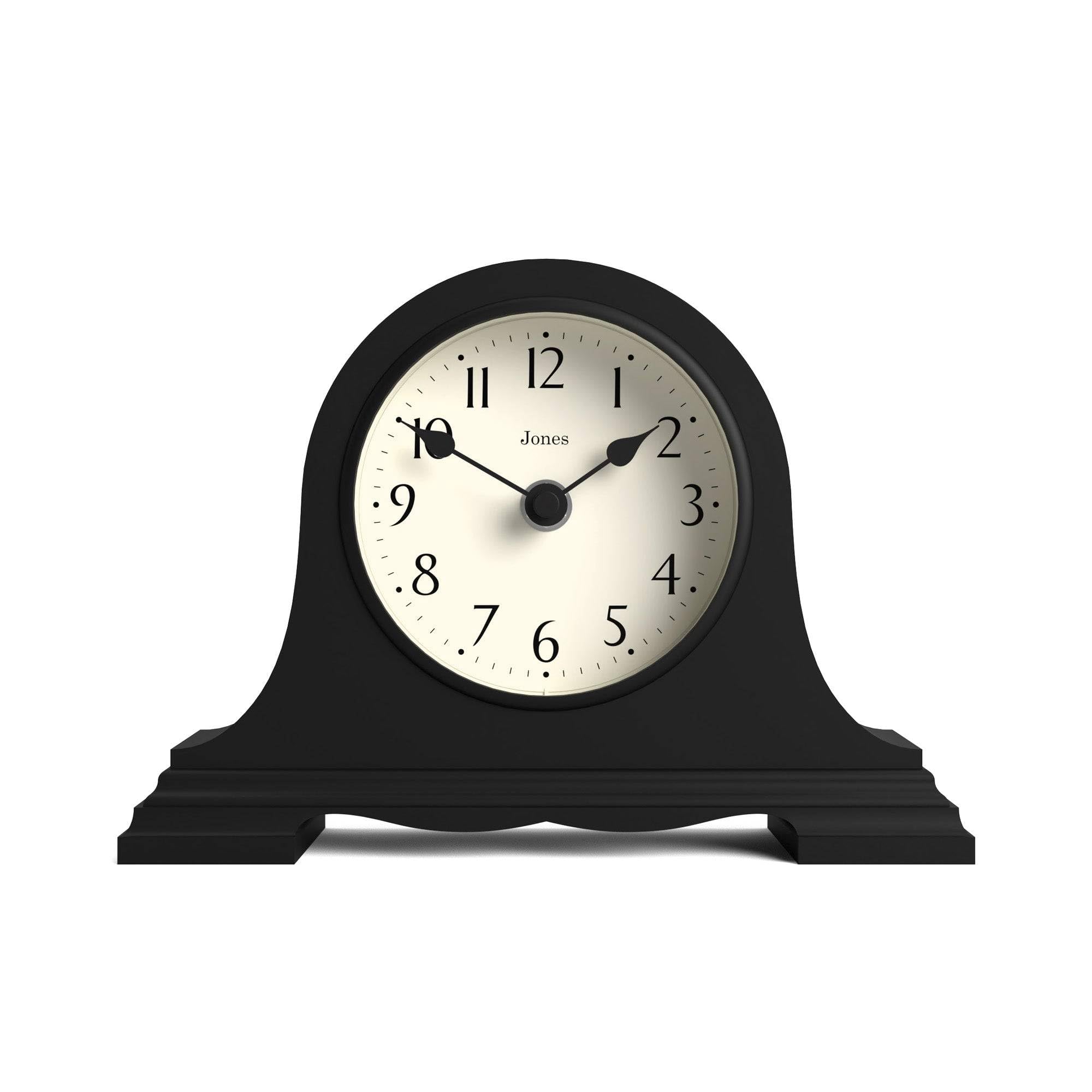 Jones Clocks® Speakeasy small mantel clock | Classic Napoleon’s hat design | Black | Contemporary classic style for desk, table, shelf or bedside