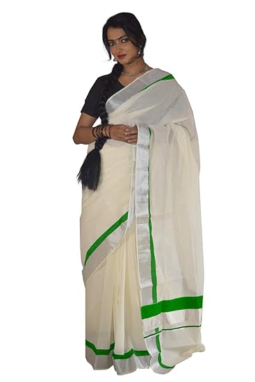 Kerala Silver Kasavu and Light Green Colour Border Saree