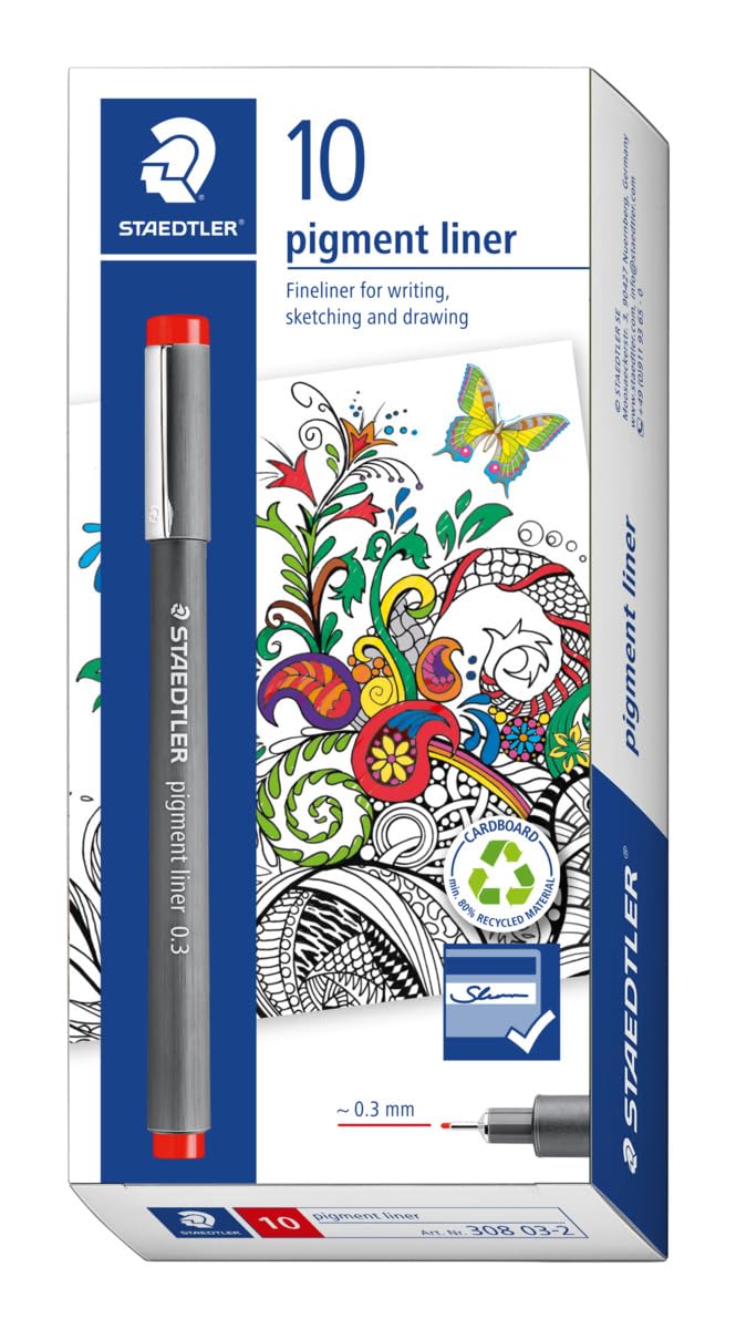 STAEDTLER 308 03-2 Pigment Liner Fineliner Pen for Writing & Technical Drawing - Red, 0.3mm (Box of 10) — image 1