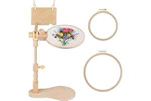 EMBHAND Embroidery Hoop Stand Adjustable - Rotated Embroidery Frame Stand with 6'' 8'' Embroidery Hoops and Wooden Board, Wood Embroidery Hoop Holder, Embroidery Stands for Hand Work