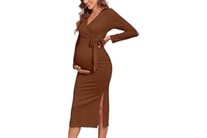 AISWI 2025 Fall Rib Knit Maternity Nursing Dress Knot Side Long Sleeve V Neck Bodycon Wrap Pregnancy Split Dresses