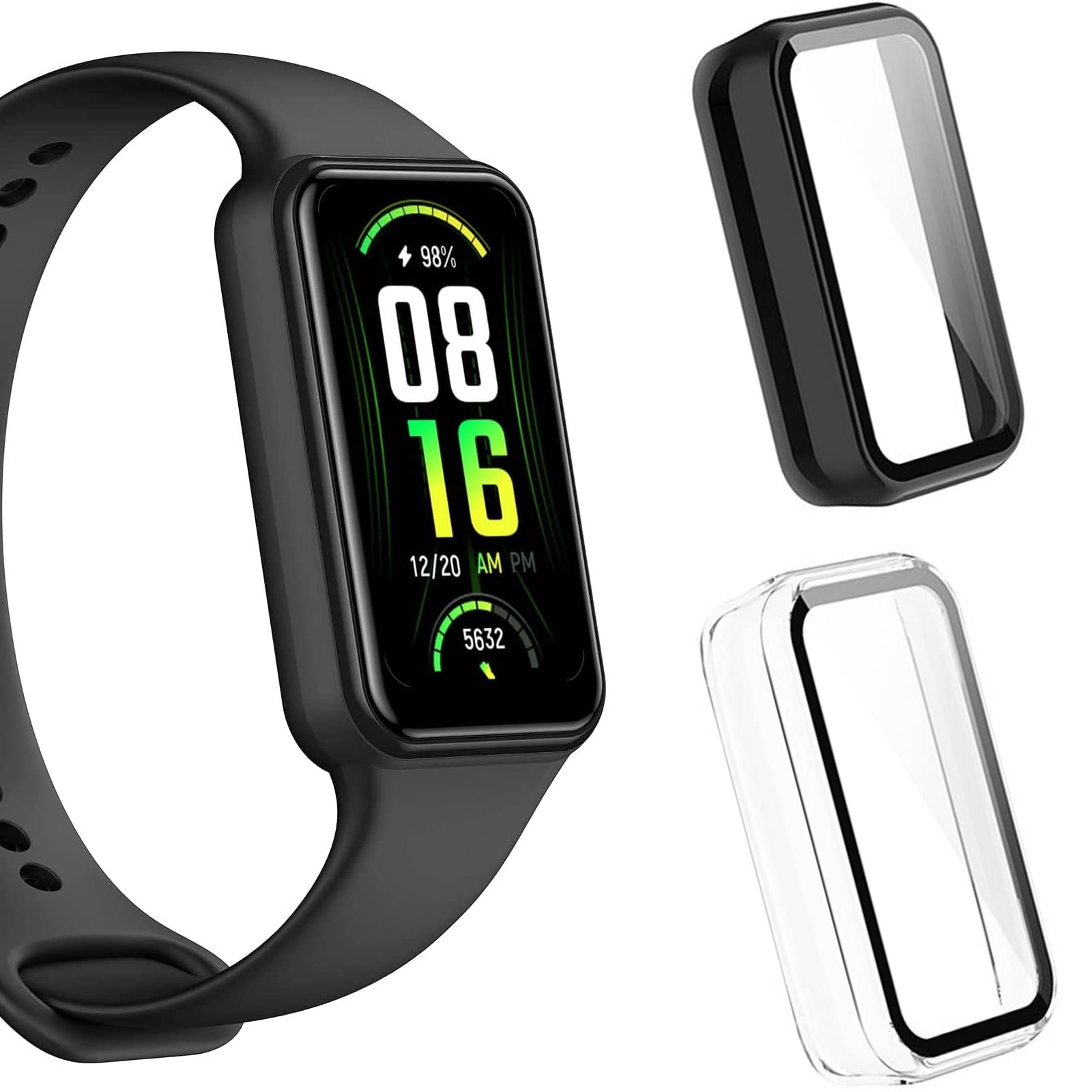 Blueshaweu Compatible with Amazfit Band 7 Case, Hard PC Bumper Protective Case with Tempered Glass Screen Protector Compatible with Amazfit Band 7 (2 pack-Black+Clear)