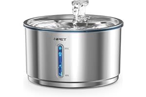 NPET Stainless Steel Cat Water Fountain, 1Gallon/135oz Automatic Pet Drinking Fountain Dog Water Dispenser Bowl with Water Level Window for Cats Indoor - WF210Plus