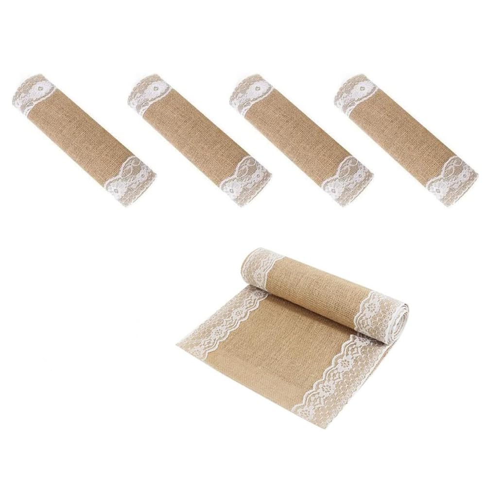 BIT.FLY 5 Pcs Hessian Table Runner - 30 x 275cm Hessian Fabric Roll Rustic Style Lace Jute Roll for Weddings Dinners and Celebrations Table Decoration