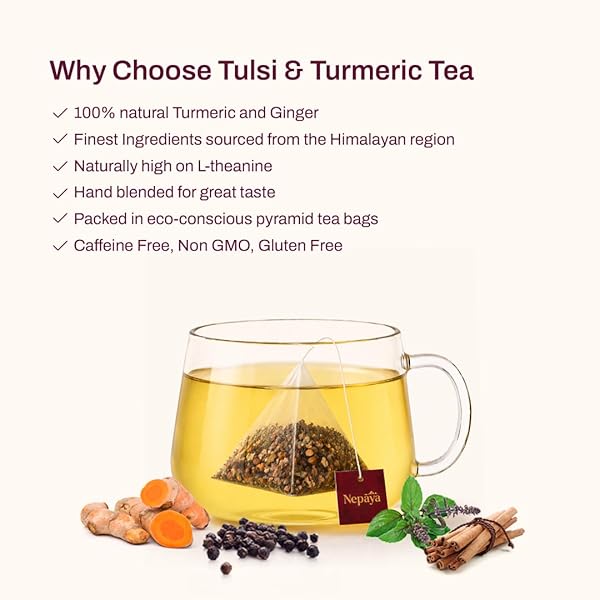 NEPAYA HERBAL TEA BAGS, 50 BIODEGRADABLE PYRAMID TEABAGS, CAFFEINE-FREE TULSI & TURMERIC HERBAL TEA WITH CINNAMON & BLACK PEPPER FLAVORS, FLORAL RELAXATION BLEND, PREMIUM HERBAL TEA BAGS, HOT OR ICED