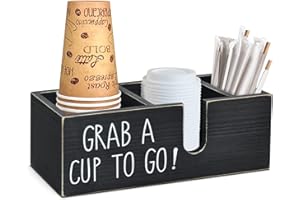CHEEORRY Coffee Station Organizer for Countertop, Cup and Lid Holder for Cup Lid Sleeve Pods Condiment, Wooden Disposable Cup Dispenser Holder for Coffee Bar Accessories Organizer and Storage