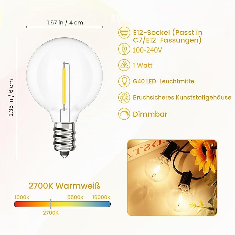 Lichterkette Led Außen Outdoor Strom: 13M Aussen Beleuchtung G40 Plastik Birnen Glühbirnen Balkon Pavillon Lichterketten Wetterfest Gartenbeleuchtung für Garden, Patio, Weddings, Parties — Foto 6 von 8