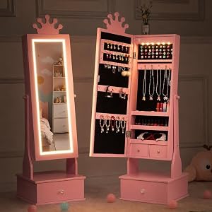 GiggleZone Kids Jewelry Armoire, Pink | LED Light, Freestanding Organizer, Full Length Mirror, Storage Drawers, Dress Up Cabi