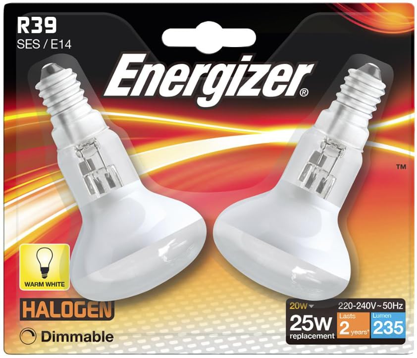 Pack of 2 Energizer 20W (=25W) Traditional Bulbs, R39 Reflector, 100% Dimmable Lamps, E14 SES, 235lm, 2700K Warm White (Twin Blister Pack) S11953 - Not for Use in Lava Lamps - 80mm Long x 39mm Dia