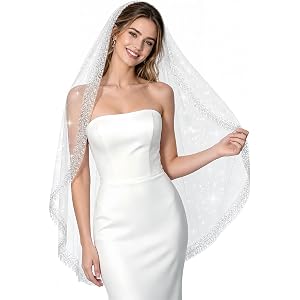 Aowrikg Wedding Veil Sparkly Tulle Pearl and Crystals Beaded Edge 39" | Off White，Fingertip Length，Shining Bridal Veil，Suitab