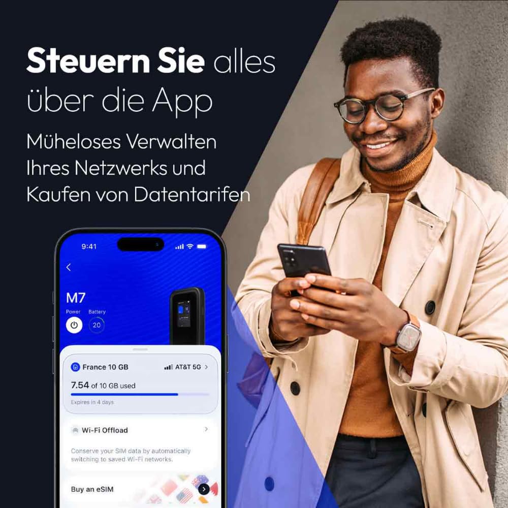 NETGEAR Nighthawk M7 | Mobiler WLAN-Router 5G mit eSIM | Tragbarer WiFi-Hotspot mit physischem SIM-Slot kompatibel mit jedem Anbieter. | 5G/4G/LTE | WiFi 7 | bis zu 3,6 Gbit/s | MH7150 8