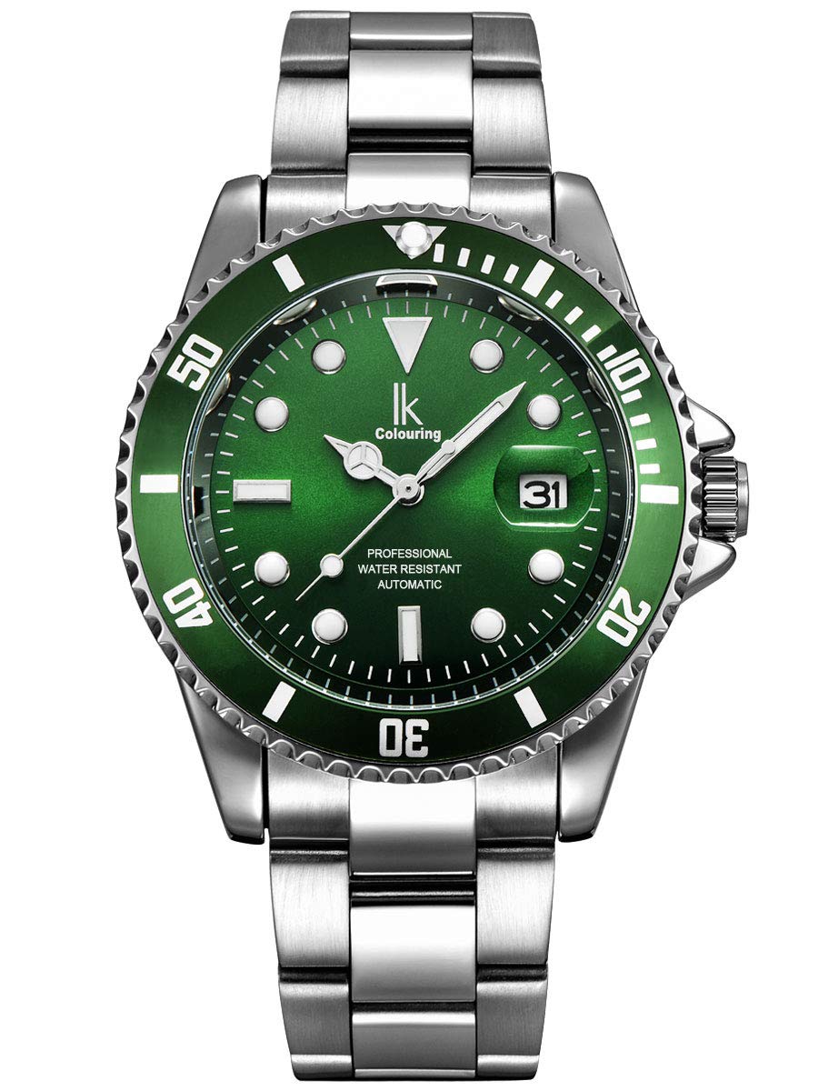 Alienwork Automatic Watch Men Women Silver Stainless Steel Metal Strap Calendar Date Green