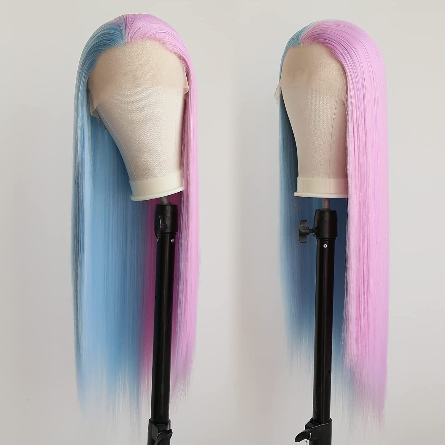 Xiweiya Synthetic Lace Front Wigs - Long Silky Straight Blue Half Pink Wigs - Heat Resistant — image 1