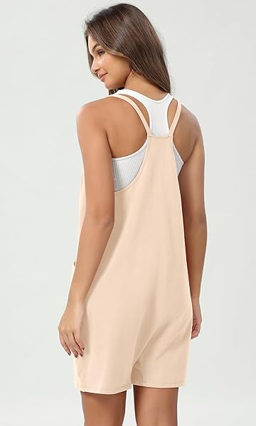 ODODOS WOMEN’S COTTON SOFT ROMPER WITH POCKETS RACERBACK ONE PIECE OUTFIT SHORT JUMPSUITS (SHIRTS NOT INCLUDED), BEIGE, MEDIUM
