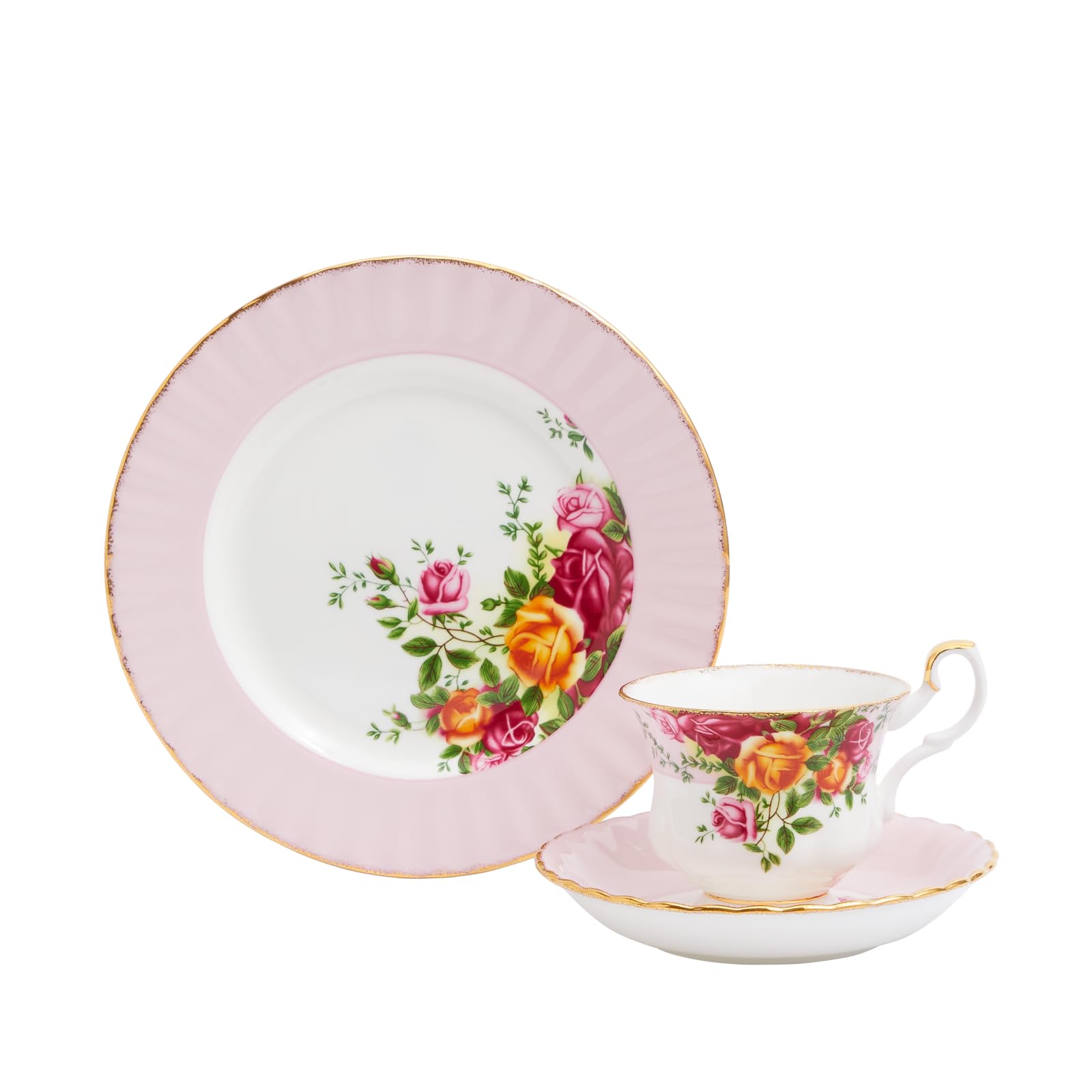 Royal Albert Teaware & Coffee Sets, FIne Bone China, Old Country Rose Teacup Saucer Plate, Rose, 3pcs