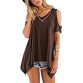 Beluring Womens Cold Shoulder Tops Summer Short Sleeve V Neck Casual Tunic Tee Shirts