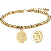 Rofusn Virgin Mary Beaded Bracelet for Women: Adjustable Stainless Steel Catholic Protection Medal Bracelet Jesus Christ Crucifix Faith Jewelry for Christmas Birthday