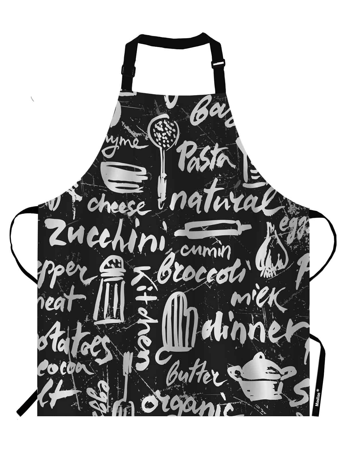 Moslion Kitchen Pattern Apron,Vintage Cook Salt Chef Chalk Pasta Pepper Bacon Organic Black White Apron,Adjustable Neck Bib for Men Women,Suitable for Kitchen Cooking Waitress Chef