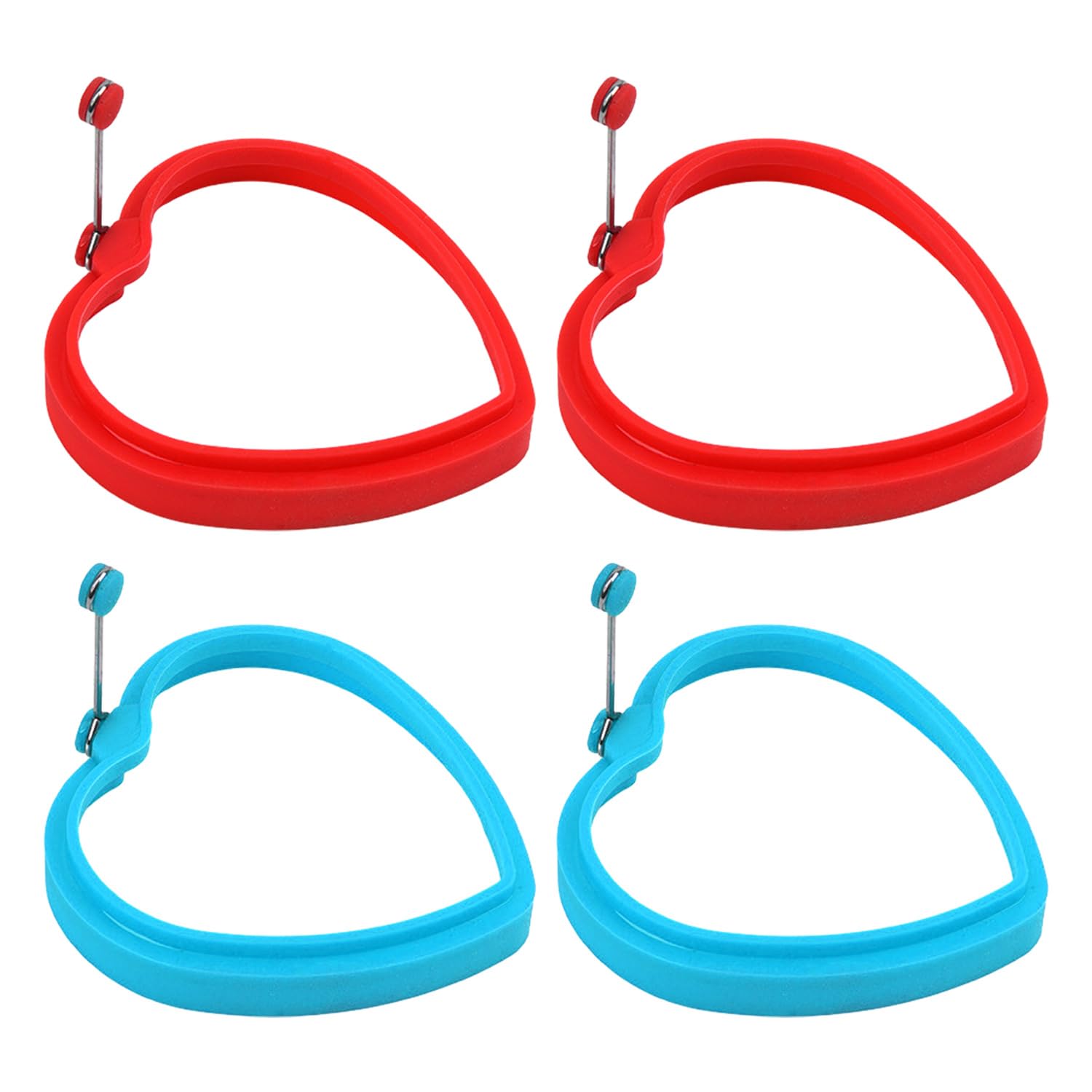 4 Heart-Shaped Silicone Molds, Pancake Tool With Heat-Proof 360° Swivel Handle, Pan Omelette, Baking Mold, Suitable For Pancakes, Omelets And Fried Eggs (Blue, Red)