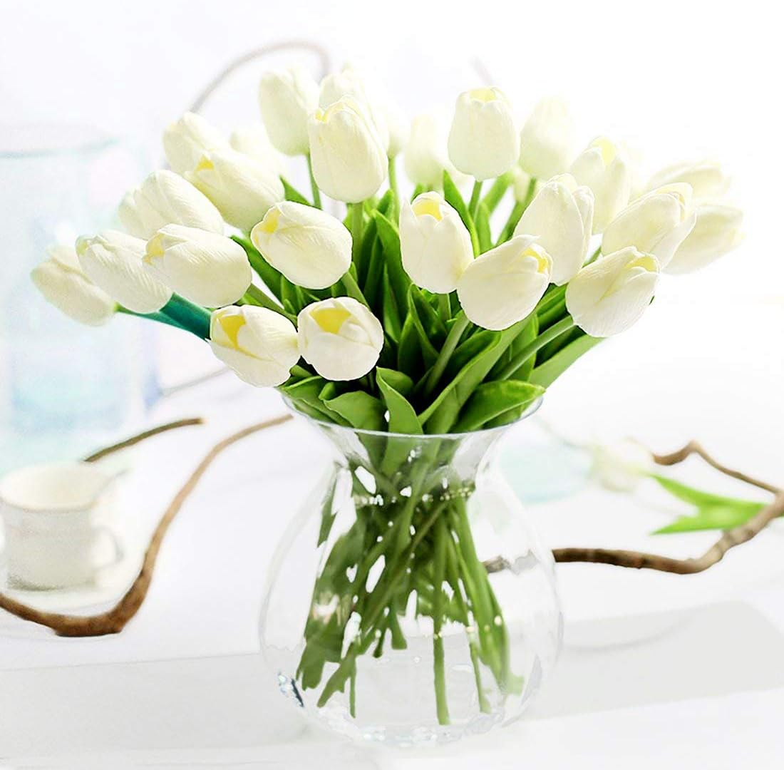 JUSTOYOU 10pcs Real Touch Latex Artificial Tulips Flowers Fake Tulips Flowers Wedding Bouquets for Wedding Home Garden Decoration (White)