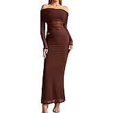 KUTUMAI Women Off Shoulder Long Sleeve Maxi Dress Cutout Mesh Ruched Bodycon Formal Wedding Guest Dresses